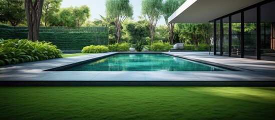 Expansive indoor villa pool and artificial green turf Copy space image Place for adding text or design
