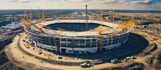 Constructing new football stadium with aerial view of building site Copy space image Place for adding text or design - obrazy, fototapety, plakaty