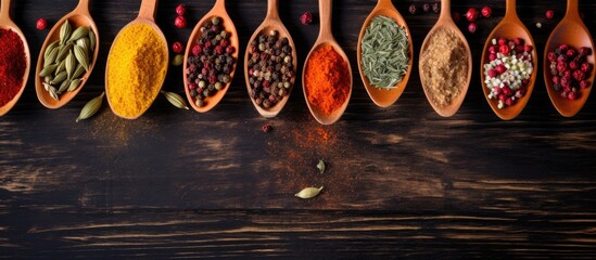 Dry colorful spices arranged on rustic table depicting various culinary ingredients such as pepper chili curry saffron and garlic Copy space image Place for adding text or design - Powered by Adobe