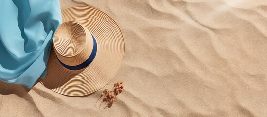Female sunglasses straw hat and beach towel arranged on beach sand Minimalistic lifestyle fashion content for blogs magazines and social media Enjoy sunbathing and relaxing during summer travel - obrazy, fototapety, plakaty