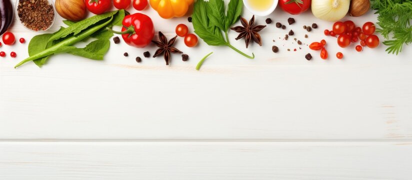 Cooking ingredients on a white wooden background Copy space image Place for adding text or design