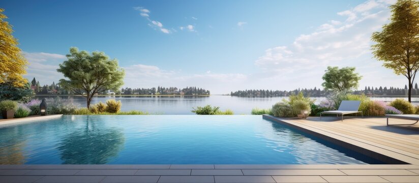 Empty property with outdoor amenities and scenic lake view Copy space image Place for adding text or design