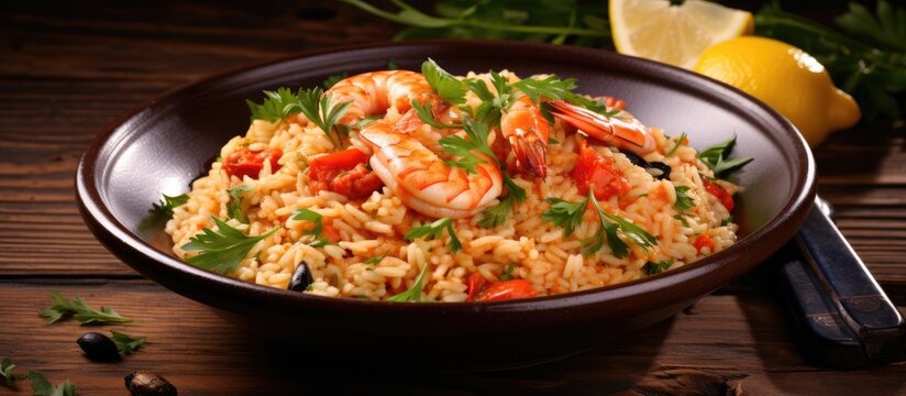 Delicious Italian seafood risotto Copy space image Place for adding text or design
