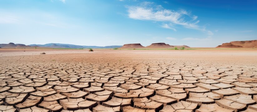 Effects of climate change including desertification and droughts observed in the Loteta reservoir area near Gallur Spain resulting in dry and cracked land due to rainfall shortage Copy space im