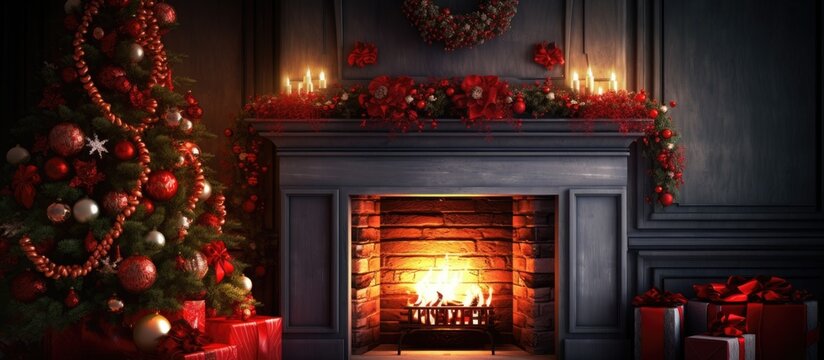 Festive fireside and holiday tree in cozy cabin Copy space image Place for adding text or design