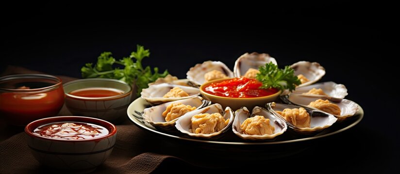 Delicious abalone seafood dishes with gourmet sauce Copy space image Place for adding text or design