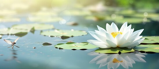 Elegant lotus and dragonfly in lake Copy space image Place for adding text or design