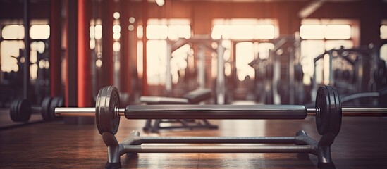 Emphasize the Bench and gym equipment in the blurred background Copy space image Place for adding text or design - obrazy, fototapety, plakaty