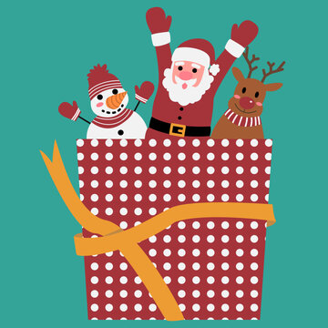 santa claus snowman and reindeer surprise on big gift box, christman cartoon, doodle, vector
