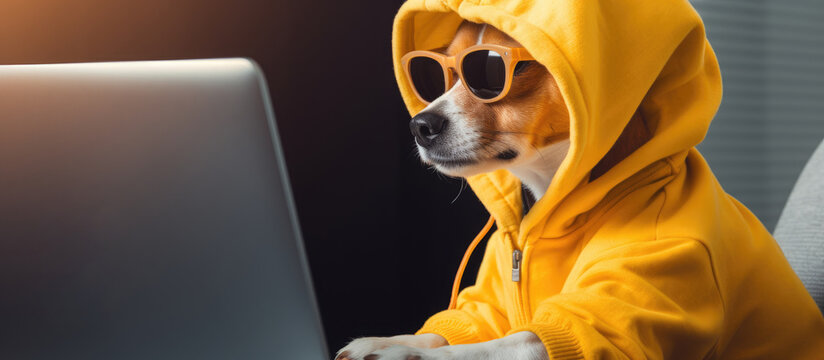 Cute dog wearing glasses hoodie working from home during quarantine Stay at home Copy space image Place for adding text or design