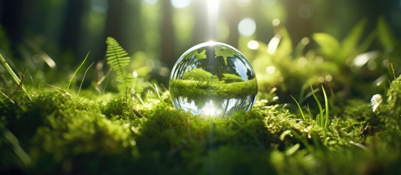 Conservation concepts for saving the Earth s environment on grass with ferns and sunlight Copy space image Place for adding text or design