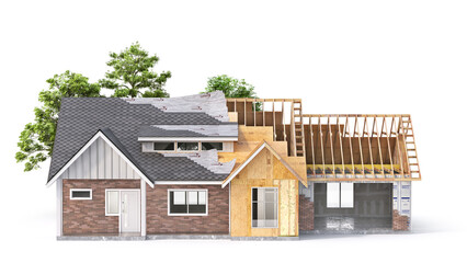 Unfinished frame house on a white background. 3d illustration