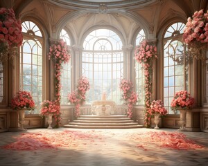 Elegant Hall with Grand Staircase and Pink Flower Decor