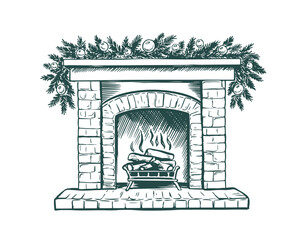 Fireplace with socks and Christmas decorations, hand drawn illustration. Vector.	

