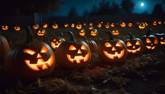 Summon the Halloween spirit with a captivating image of a moonlit pumpkin patch