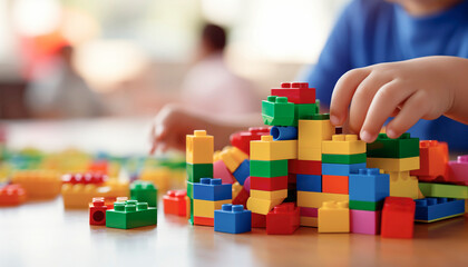 child playing with lego blocks - obrazy, fototapety, plakaty