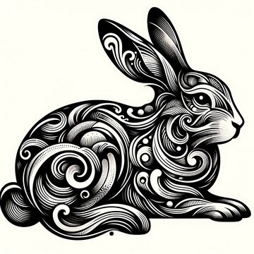 an abstract tattoo design of a rabbit with swirling patterns and abstract shapes, similar to image 4