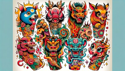 a vibrant New School style tattoo with the 12 Chinese zodiac animals depicted in a colorful, exaggerated and cartoonish design with bold outlines