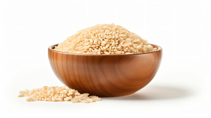 Pile of brown rice brown rice in a wooden bowl isolated on white background