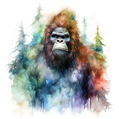 Sasquatch watercolor painting with white background. Generative ai. 