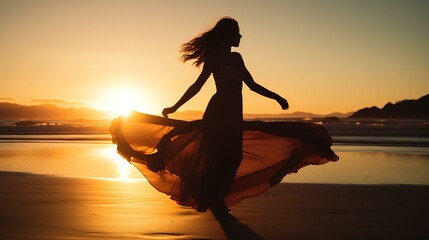 A silhouette of a woman gracefully dancing on a sandy beach as the sun sets. generative AI