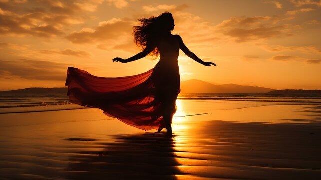 A silhouette of a woman gracefully dancing on a sandy beach as the sun sets. generative AI