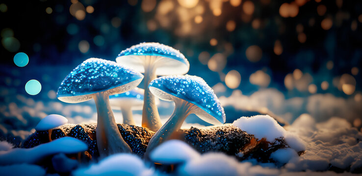 fantasy transluscent blue mushroom close-up in the winter forest AI generated illustration