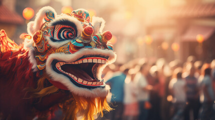 Obraz premium Lion dance during Chinese New Year celebration.