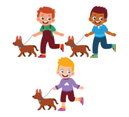 Children cartoon character walking dog pet friend Collection. Little Kid Dogs owners Boy. Playing Outdoor Activity Isolated Element Objects. Flat Style Icon Vector Illustration