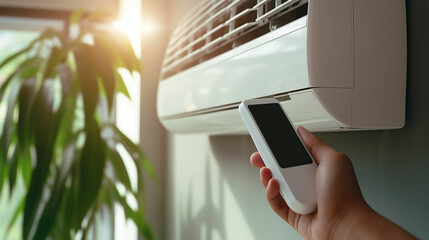 Hand hold remote control directed on the air conditioner. Made with generative ai