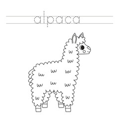Trace the letters and color cartoon alpaca. Handwriting practice for kids.