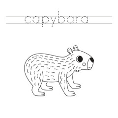 Trace the letters and color cartoon capybara. Handwriting practice for kids.