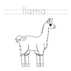 Fototapeta na wymiar Trace the letters and color cartoon llama. Handwriting practice for kids.