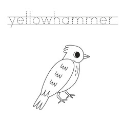 Trace the letters and color cartoon yellowhammer bird. Handwriting practice for kids.