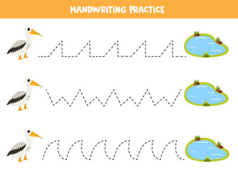 Tracing lines for kids. Cute pelican and water pond. Handwriting practice.