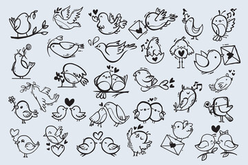 Happy Cute Bird with Wings Vector Set. Hand-drawn sketches of flying birds and songbirds. Hand drawn vector