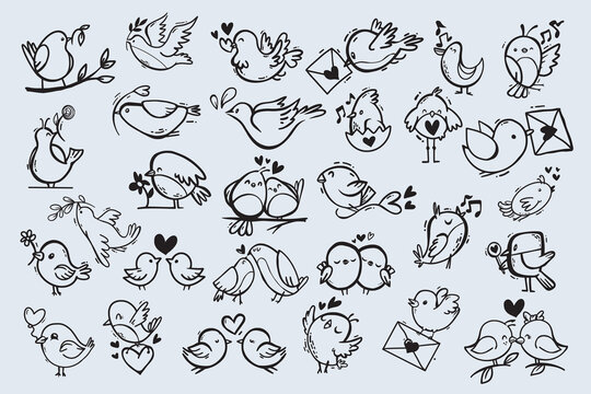 Happy Cute Bird with Wings Vector Set. Hand-drawn sketches of flying birds and songbirds. Hand drawn vector