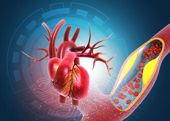 Human heart with Clogged arteries on scientific background. 3d illustration..