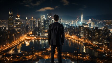 Fototapeta na wymiar A businessman at night, observing the skyscrapers..