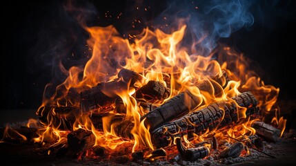 Isolated on a black backdrop, close-up of long banner with flaming flames, fire, BBQ, grilling, campfire, and barbecue..