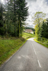 Fototapeta premium Jolie route de campagne au milieu de la forêt vosgienne et ancienne maison