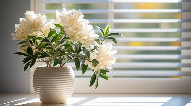 A minimalist interior featuring light white decor and white flowers in pots against a sunny window. Vivid Tone..