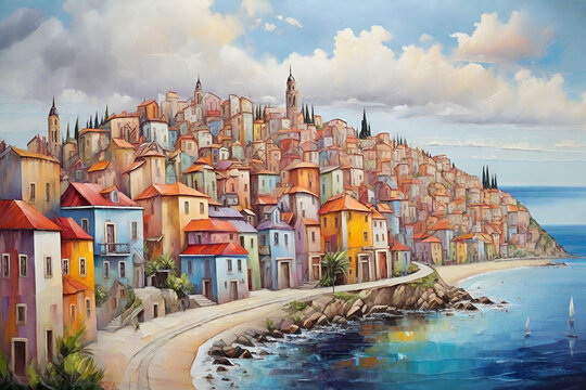 painting panorama of colorful town near the sea