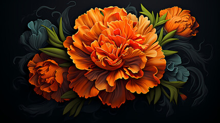 A graphic design of an orange marigold, with a fiery and intense color palette, presented on a smooth charcoal grey surface, embodying passion, creativity, and a bold spirit