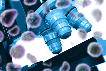 Microscope with virus bacteria. 3d illustration..