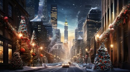 A bustling Christmas Eve in a big city, with streets illuminated by vibrant holiday lights and...