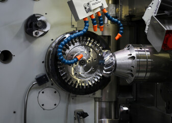 Selective focus. Milling machine for processing metal products in industry. Industrial manufacturing concept