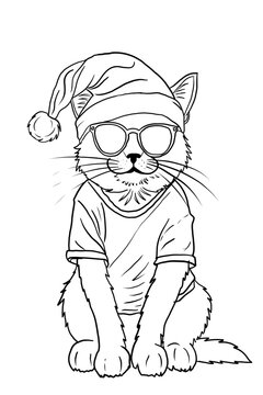 Christmas cat with Santa hat and sunglasses Coloring Page. Black and white cartoon illustration