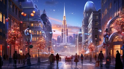 A cityscape on Christmas Eve, with busy shoppers strolling down snow-covered sidewalks, bright store displays, and the glow of holiday lights reflecting on the bustling streets