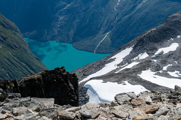 Glaciers at the summit of the Peaks in the mountains of Norway during summer - Jostedalsbreen...